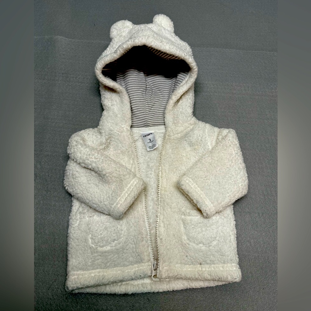 Carters 3m plush zip up hooded Sherpa-like coat with bear ears- off-white